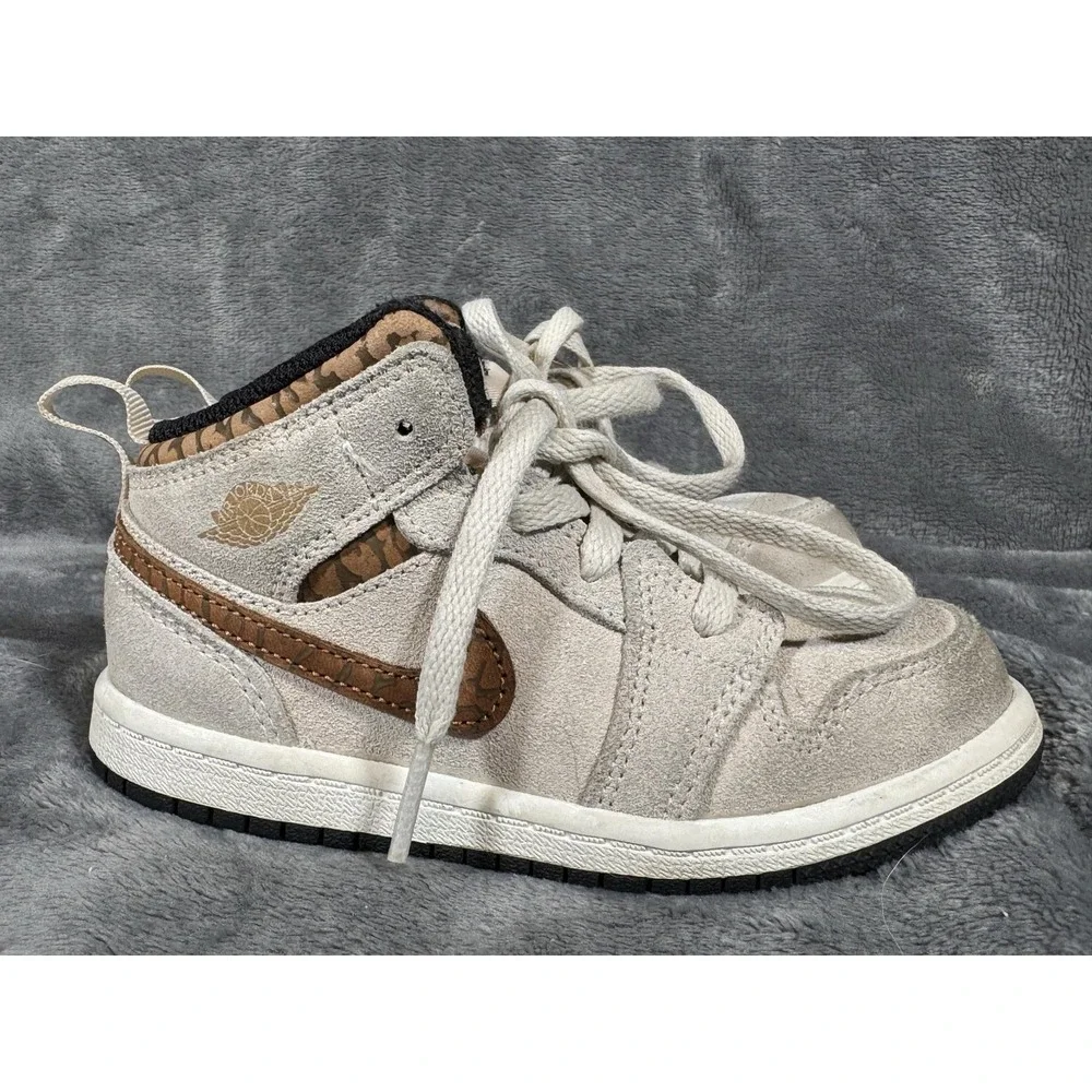 Jordan 1 Mid Shoes Kids Size 9C Beige Suede Animal Print Sneakers DZ5371-102